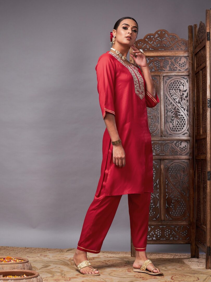Women Red Gota Embroidered Kurta with Pants