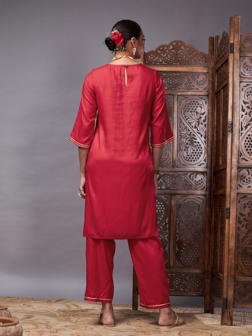 Women Red Gota Embroidered Kurta with Pants