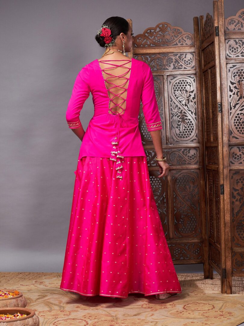 Women Fuchsia Banjara Top With Jacquard Anarkali Skirt