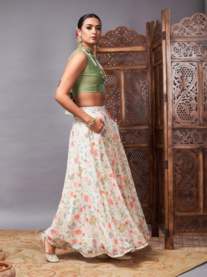 Women Green Crop Top With Beige Floral Anarkali Skirt