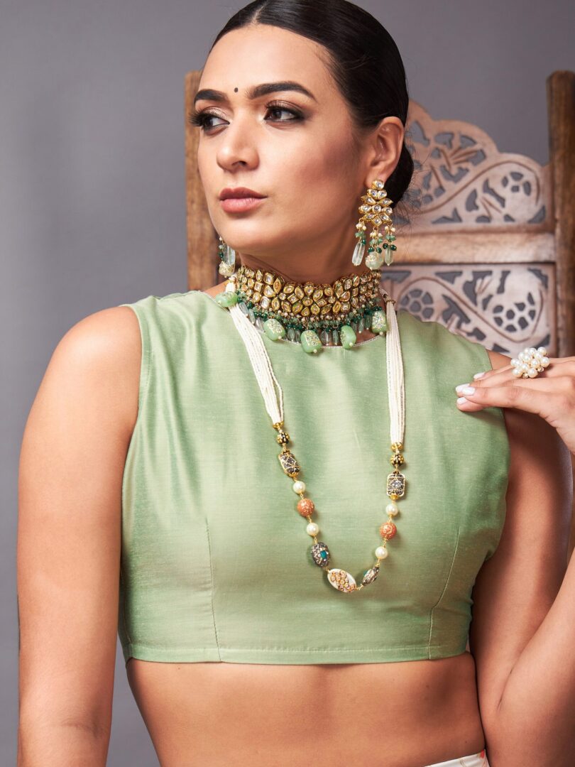 Women Green Crop Top With Beige Floral Anarkali Skirt