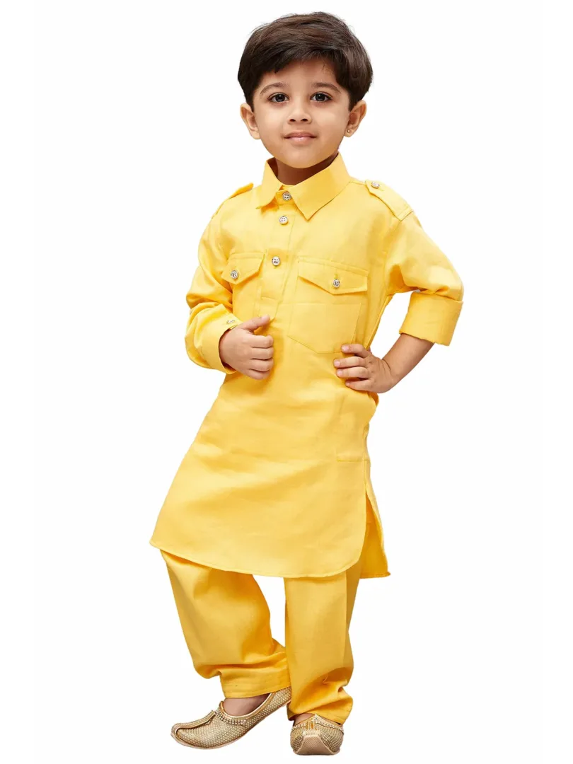 Boys' Yellow Cotton Pathani Kurta Set