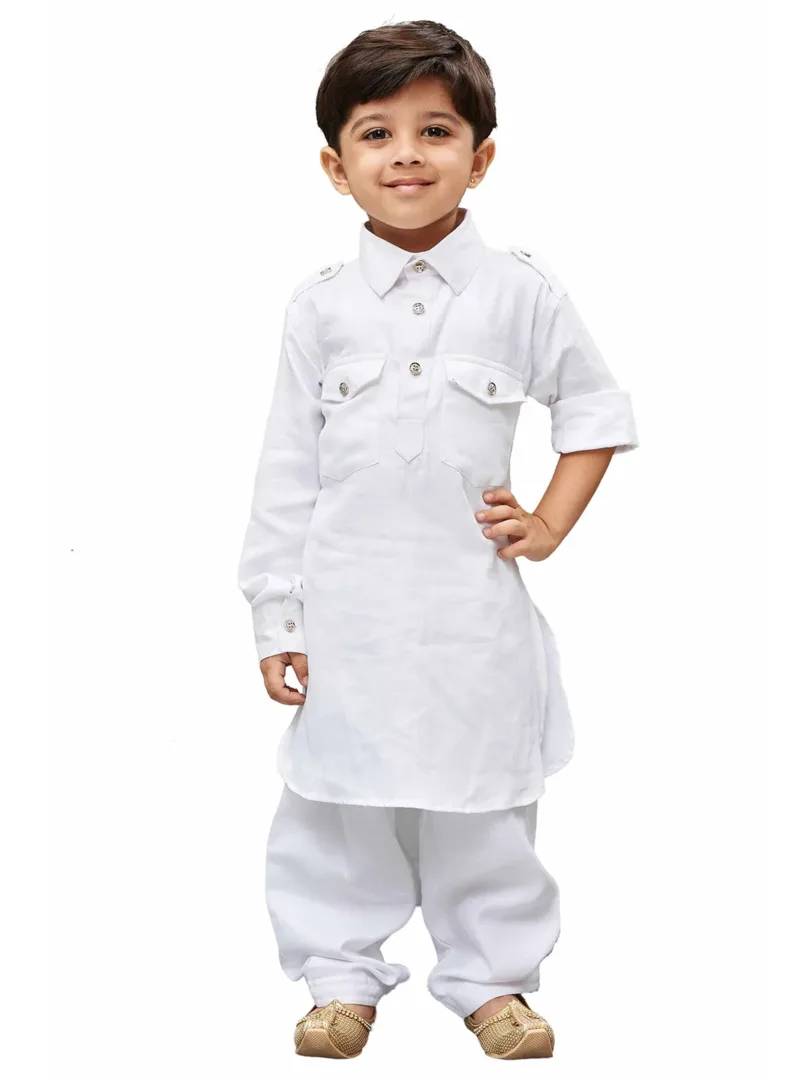 Boys' White Cotton Pathani Kurta Set