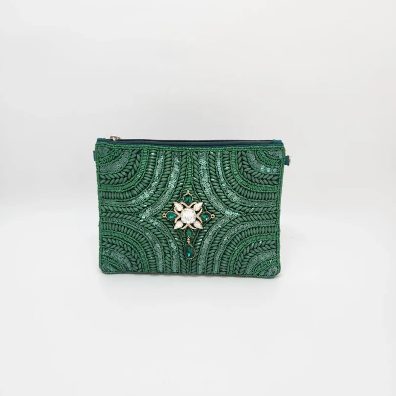 EMBROIDERED BAG IN EMERALD GREEN - WIDTH 9 In" LENGTH 7 In"