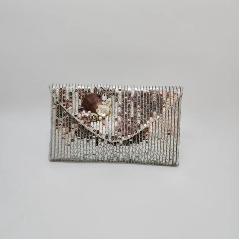 EMBROIDERED BAG IN SILVER SHADE - WIDTH 11 In" LENGTH 6.5 In"
