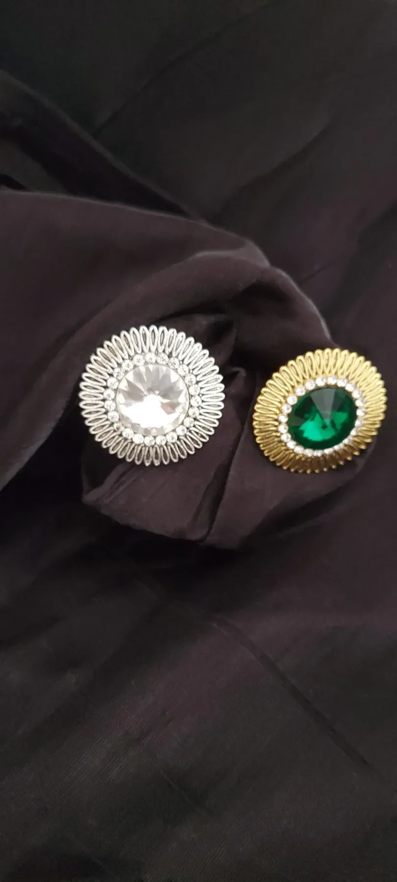 Silver and Gold-toned White - Green stone-studded adjustable finger rings combo