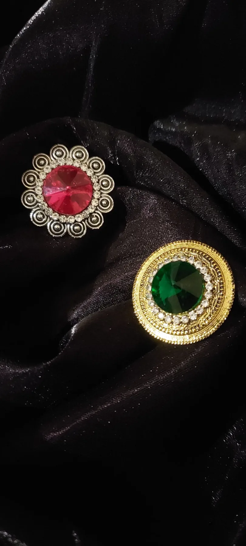 Golden-Toned Red - Green stone-studded adjustable finger rings combo