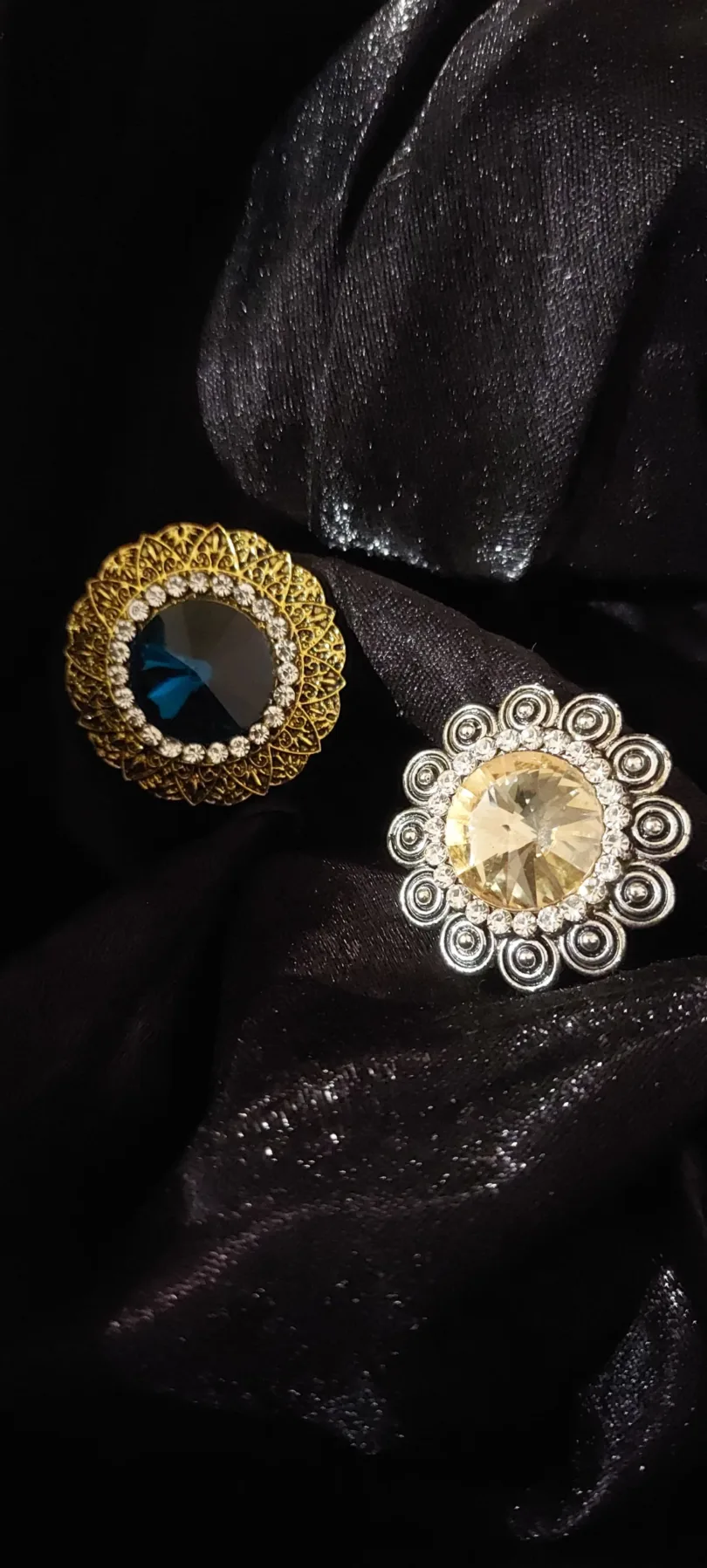 Golden-Toned Blue - Yellow stone-studded adjustable finger rings combo