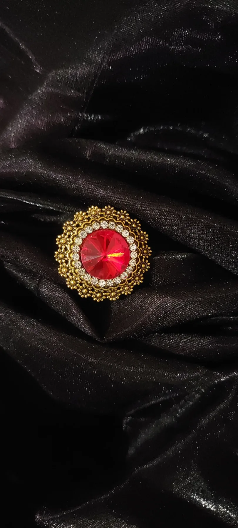 Golden-Toned Red- Pink stone-studded adjustable finger rings combo