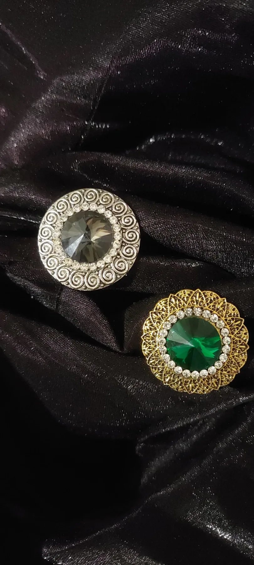 Golden-Toned Green - Black stone-studded adjustable finger rings combo