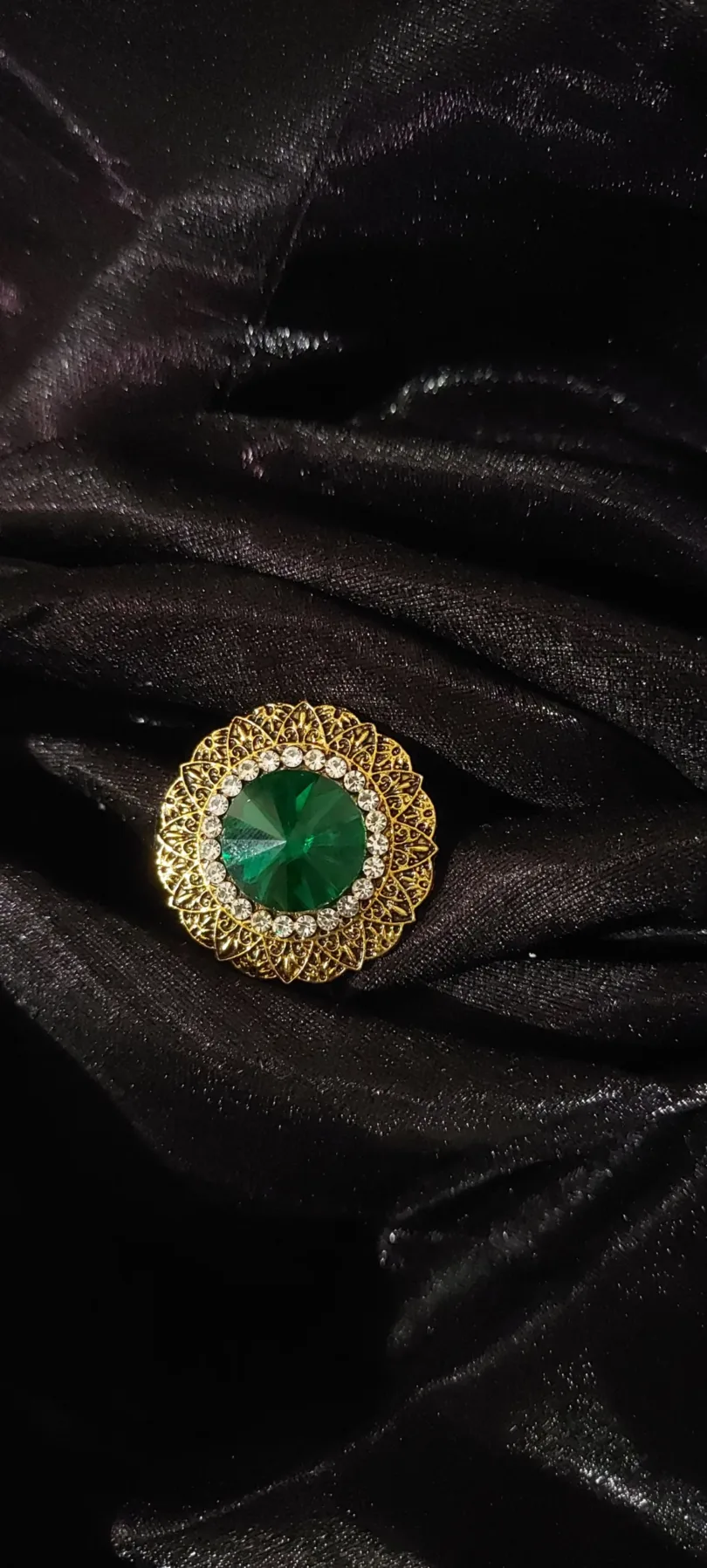 Golden-Toned Green - Black stone-studded adjustable finger rings combo
