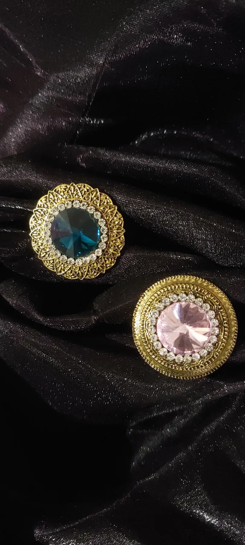 Golden-Toned Blue - Pink stone-studded adjustable finger rings combo