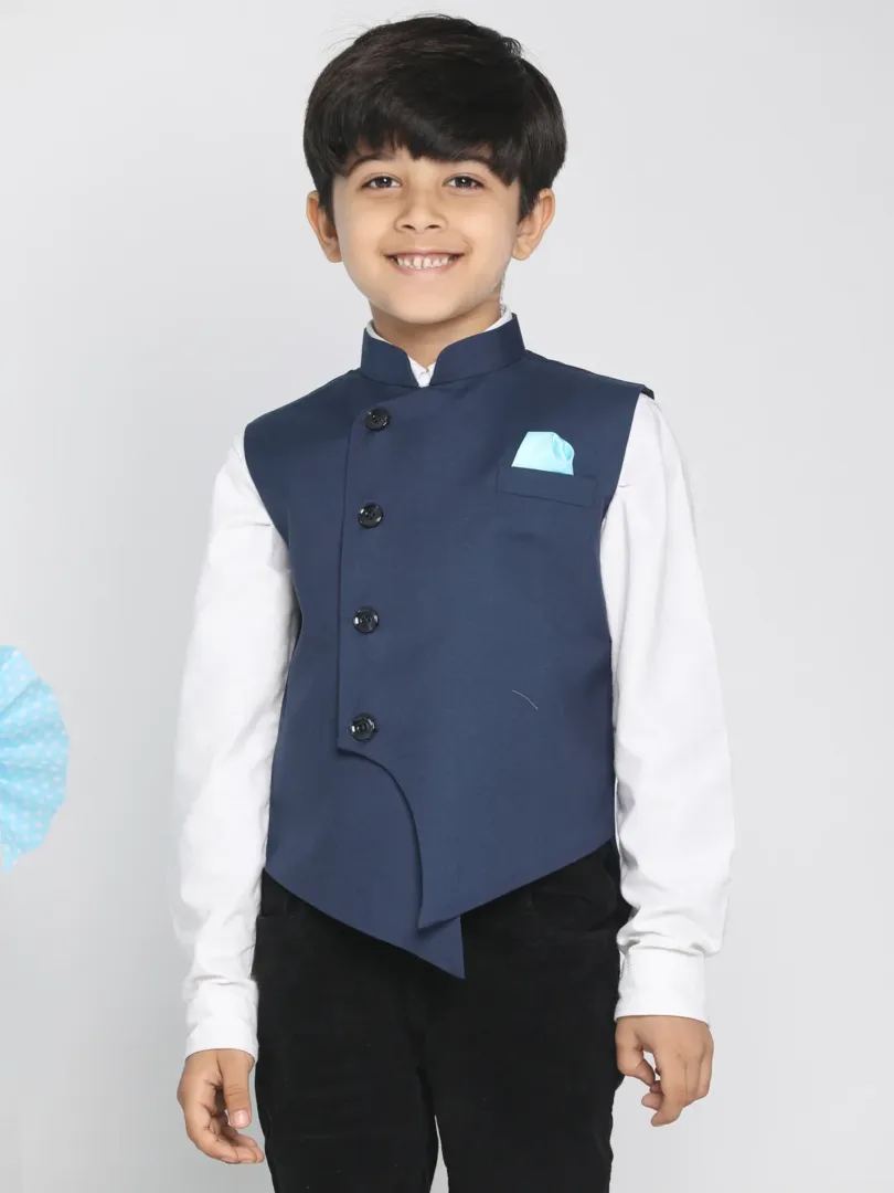 Boys' Navy Blue Cotton Blend Nehru Jacket