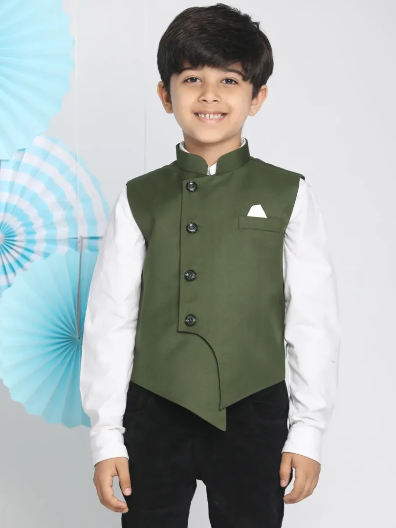 Boys' Dark Green Cotton Blend Nehru Jacket
