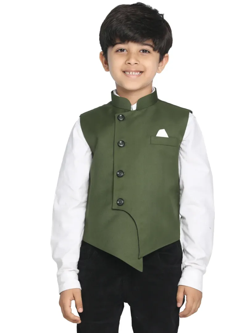 Boys' Dark Green Cotton Blend Nehru Jacket