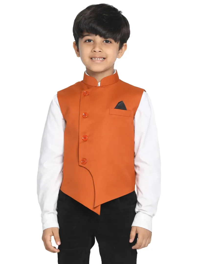 Boys' Orange Cotton Blend Nehru Jacket