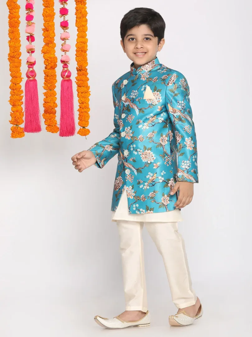 Boys' Multicolored-Base-Turquoise Indowestern Set