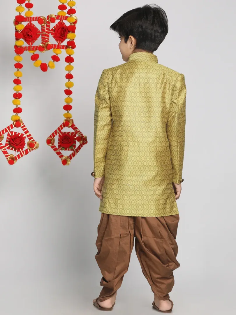 Boys' Mustard Yellow And Coffee Indowestern Sherwani and Cowl dhoti pant Set