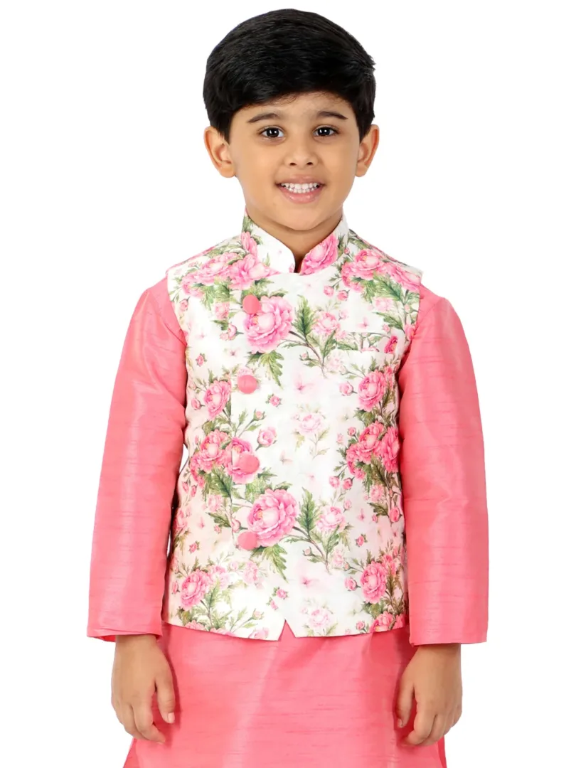 Boys' Multicolor-Base-Pink Nehru Jacket
