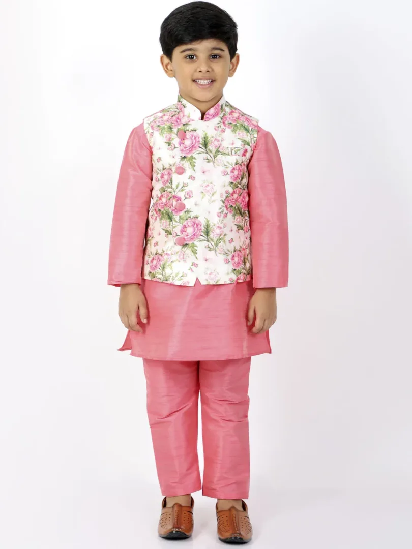 Boys' Floral Printed Jacket, Kurta and Pyjama Set