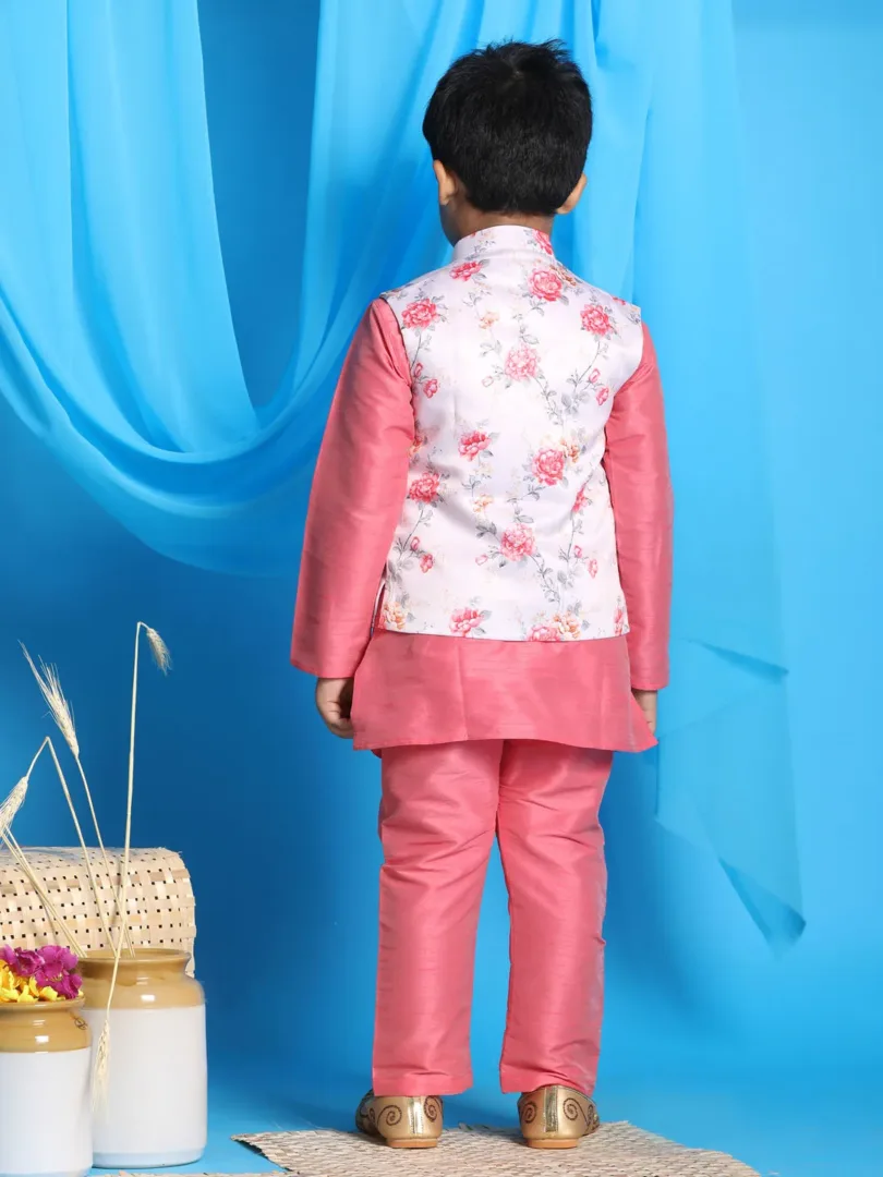 Boys' Peach Jacket, Kurta and Pyjama Set