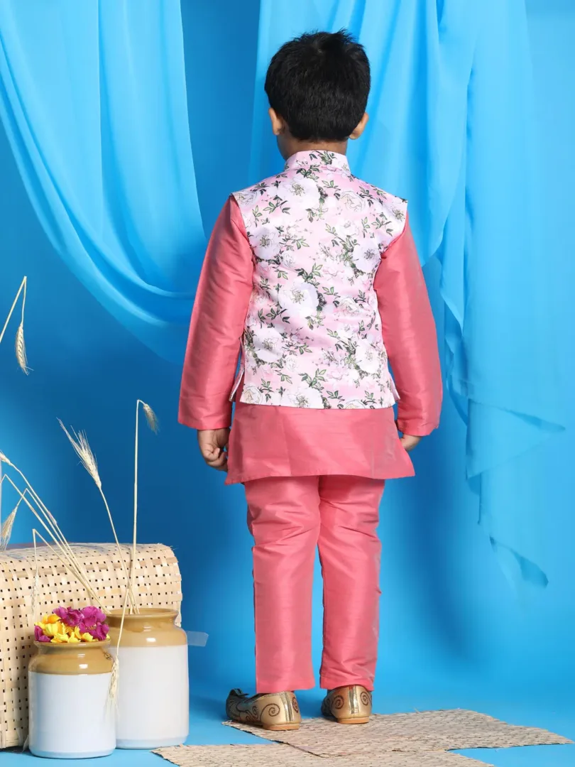 Boys' Pink Jacket, Kurta and Pyjama Set