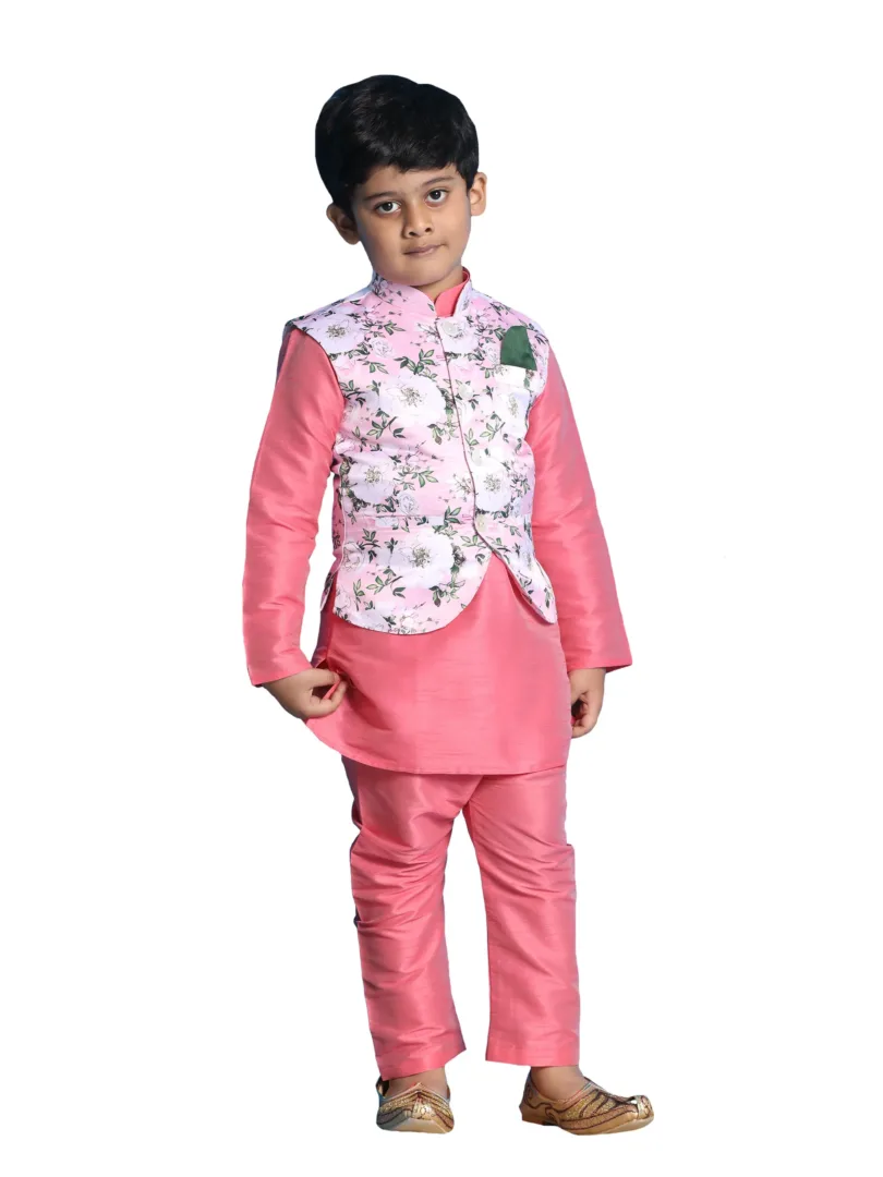 Boys' Pink Jacket, Kurta and Pyjama Set