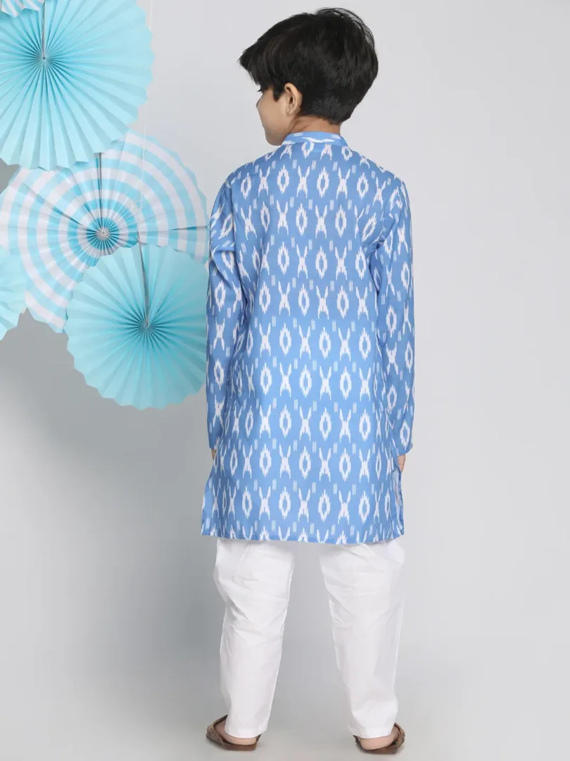 Boys' Aqua Blue And White Ikkat Kurta Pyjama Set
