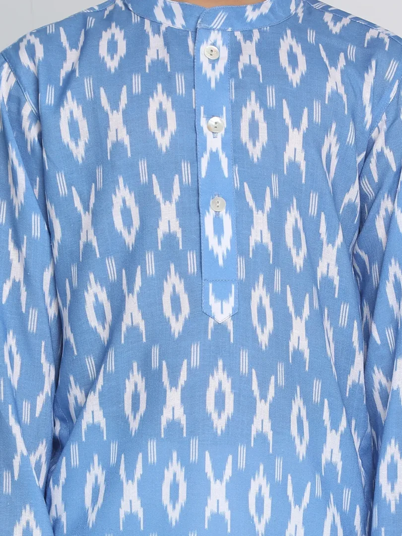 Boys' Aqua Blue And White Ikkat Kurta Pyjama Set