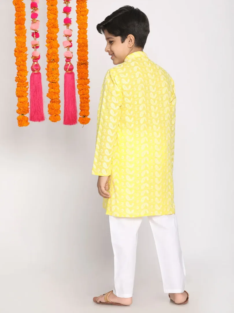 Boys' Mustard And White Kurta Pyjama Set