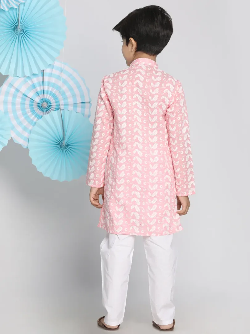 Boys' Pink And White Kurta Pyjama Set