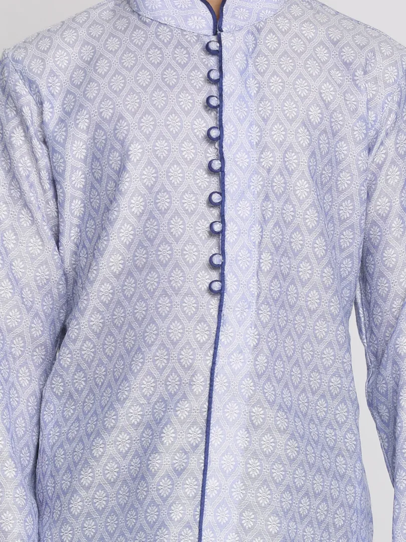 Boys' Lavender And Navy Blue Kurta Pyjama Set