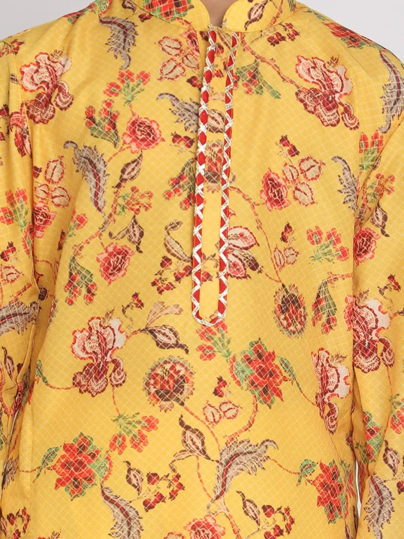 Boys' Multicolor-Base-Mustard And Cream Kurta Pyjama Set