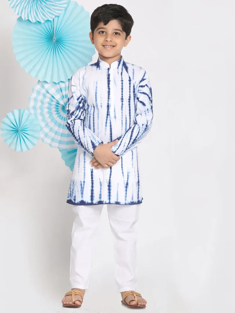 Boys' Blue And White Kurta Pyjama Set