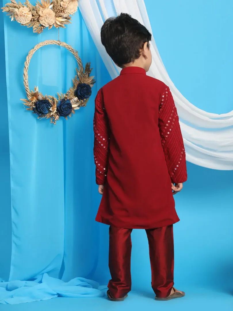 Boys' Maroon Mirror Work Kurta And Pyjama