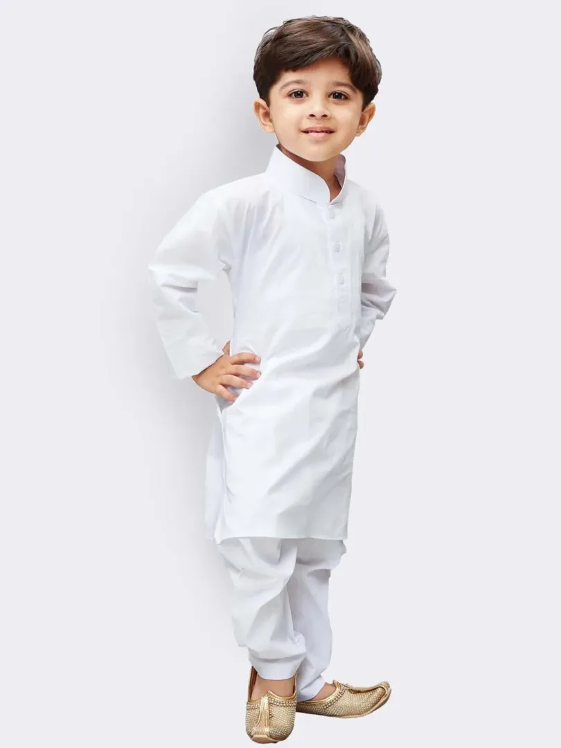 Boys' White Pure Cotton Kurta Pyjama Set