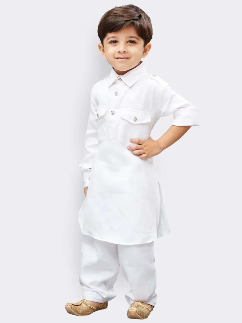 Boys' White Cotton Pathani Kurta Set