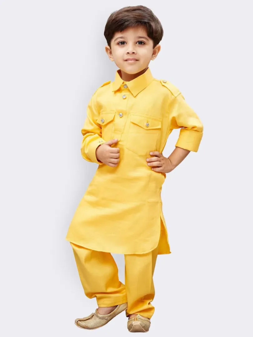 Boys' Yellow Cotton Pathani Kurta Set