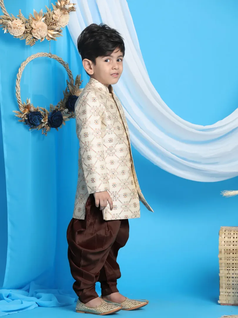 Boys' Beige And Gold Sherwani Set