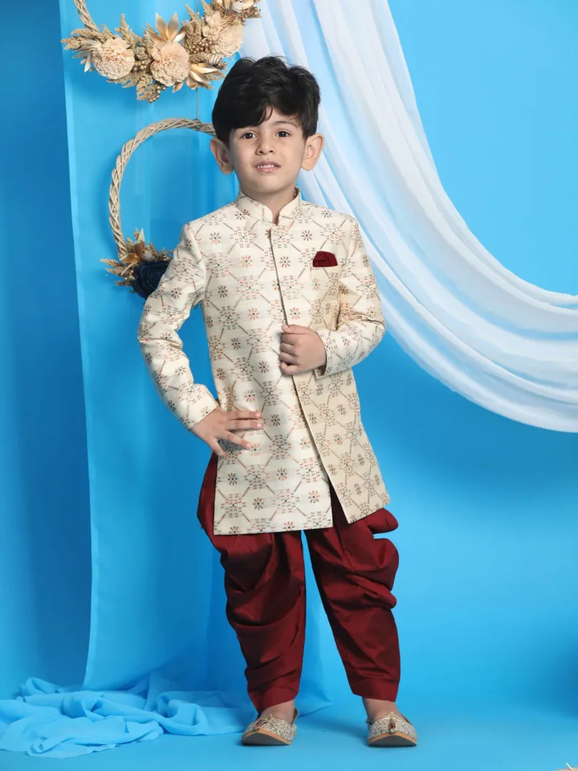 Boys' Beige And Maroon Sherwani Set