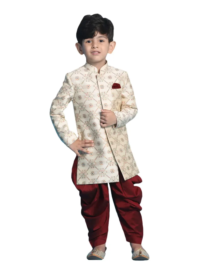 Boys' Beige And Maroon Sherwani Set