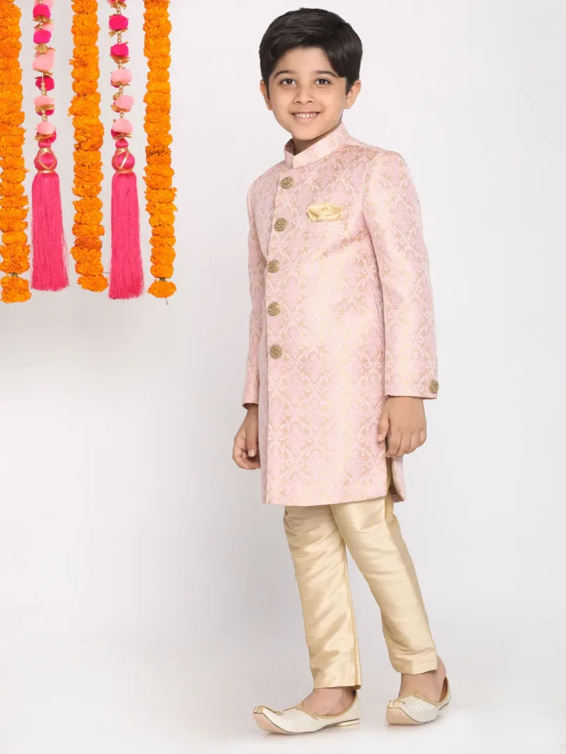 Boys' Pink And Gold Sherwani And Pyjama Set