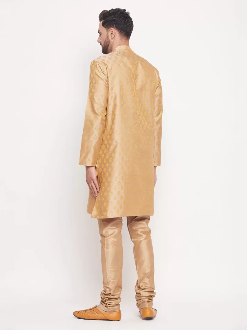 Men's Beige And Rose Gold Silk Blend Kurta Pyjama Set