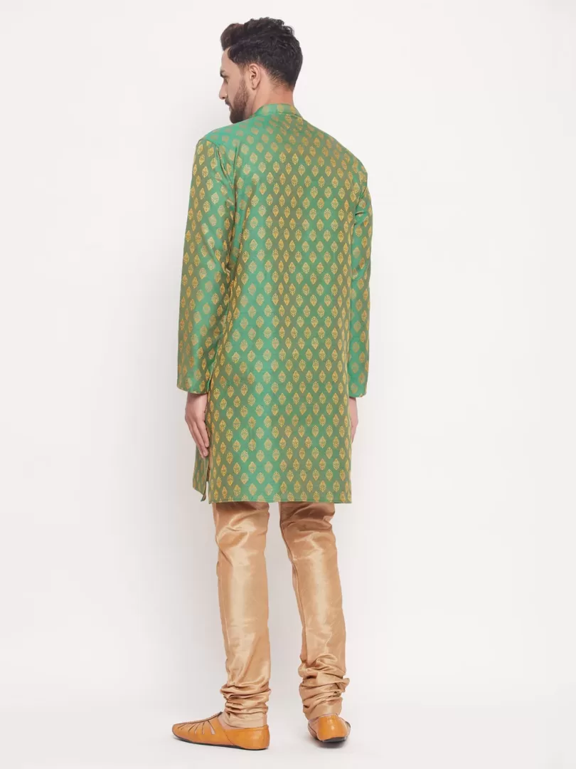 Men's Green And Rose Gold Silk Blend Kurta Pyjama Set