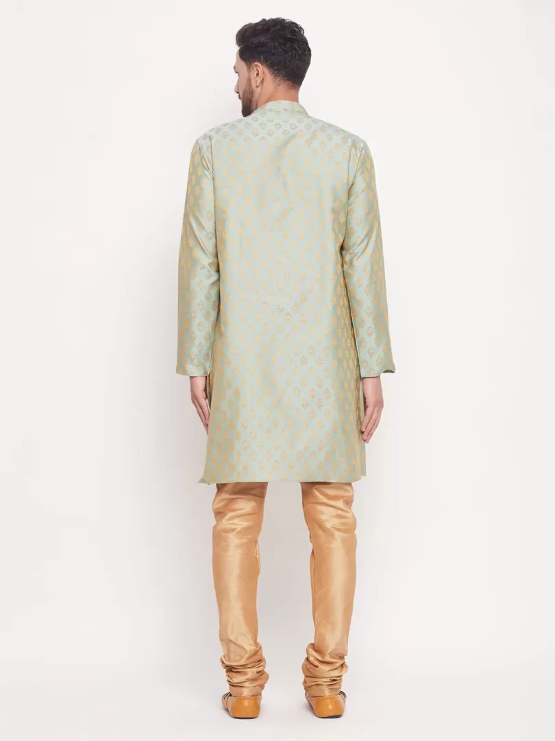 Men's Mint Green And Rose Gold Silk Blend Kurta Pyjama Set