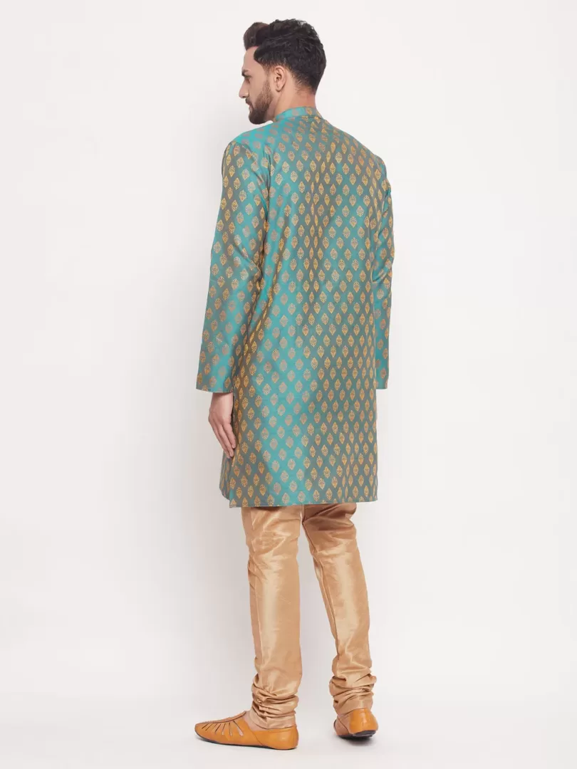 Men's Turquoise And Rose Gold Silk Blend Kurta Pyjama Set