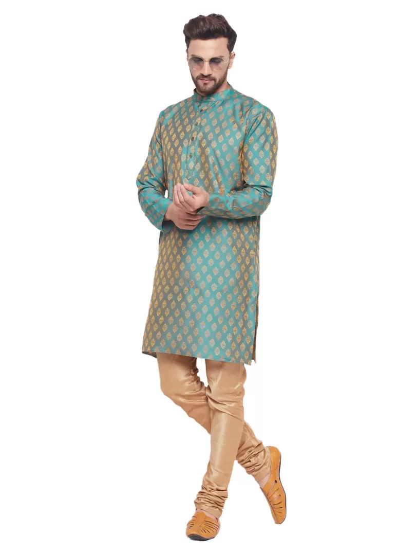 Men's Turquoise And Rose Gold Silk Blend Kurta Pyjama Set