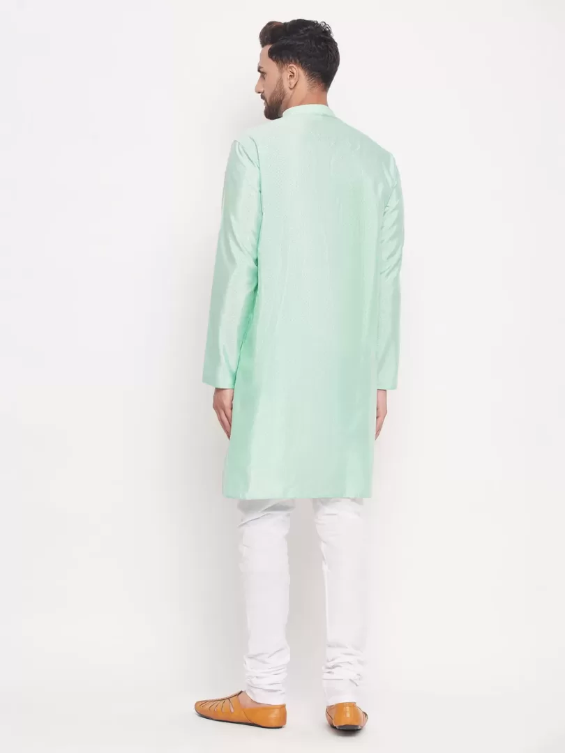 Men's Aqua And White Silk Blend Kurta Pyjama Set