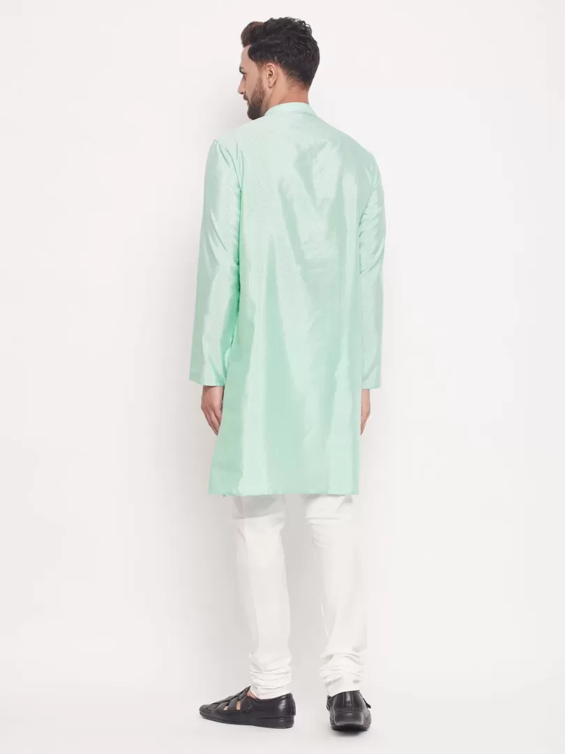 Men's Aqua And Cream Silk Blend Kurta Pyjama Set