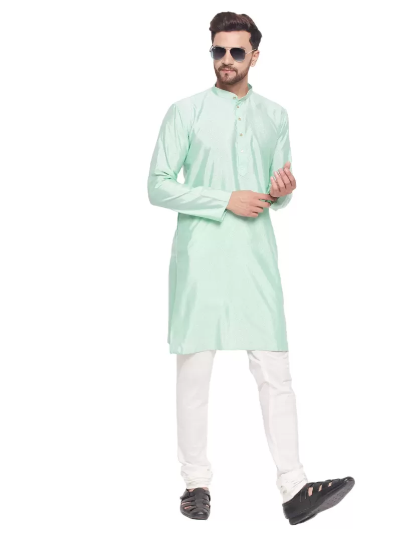 Men's Aqua And Cream Silk Blend Kurta Pyjama Set